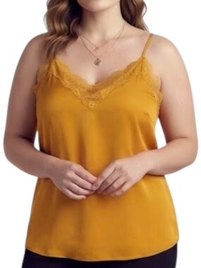 ODDI Bohemian Preppy Plus Size 3X Lace Trim Camisole V-Neck Mustard Yellow Cami